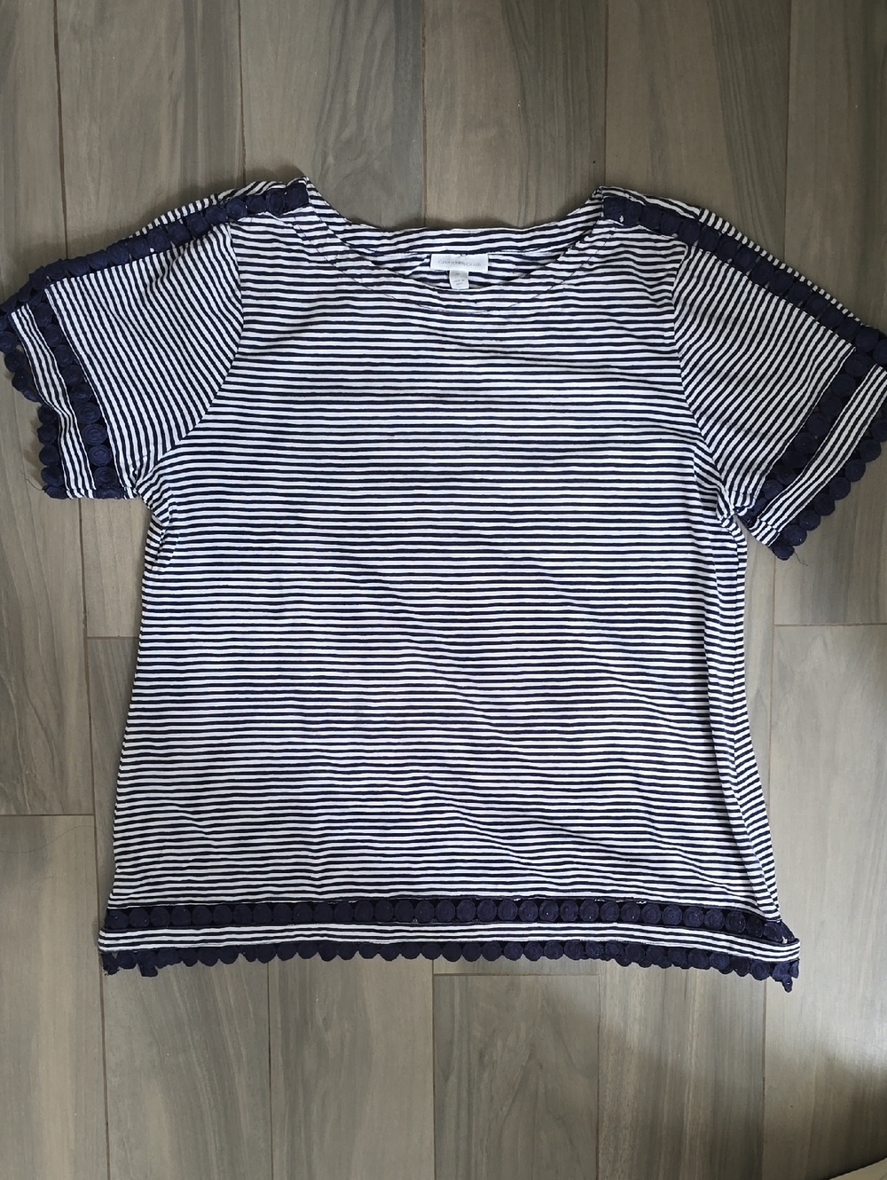 Charter Club Navy & White Striped Short Sleeve Top with Pom Trim